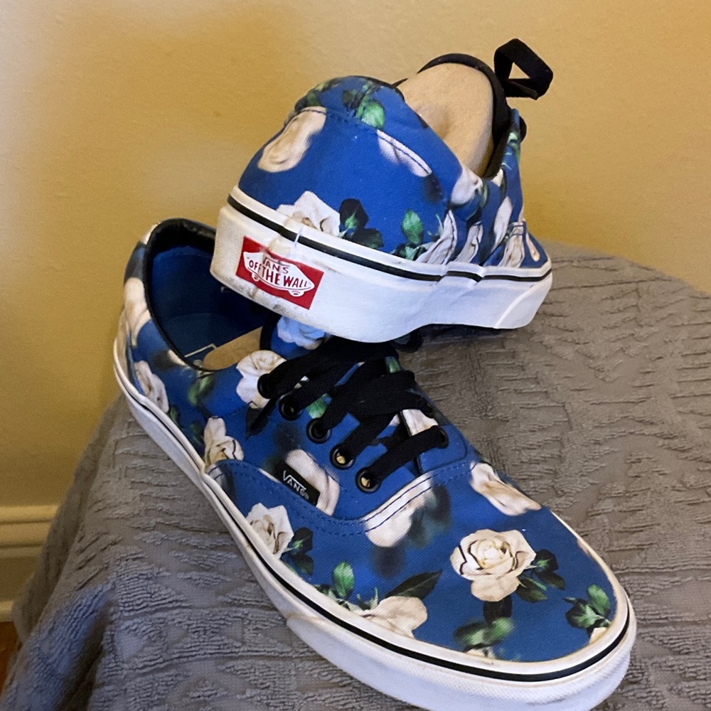 Vans Blue Canvas Sneakers with White Rose Print - Picture 3 of 4